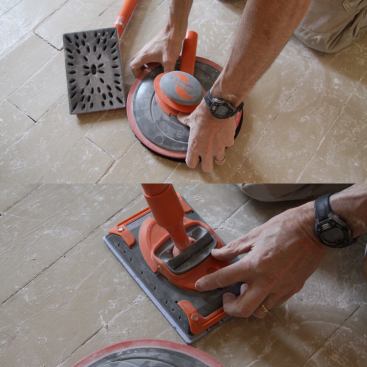 Both sanding heads can be used with the hand-held base (top photo), or the pole base (bottom photo). The hand-held base and pole base each can be connected to a vacuum for dustless sanding.