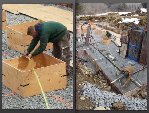 Carpenters Tim and Matt position another plywood pad footing form.