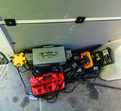 Typically, only one power cord  is rolled out to the author’s Sprinter van for all the chargers.