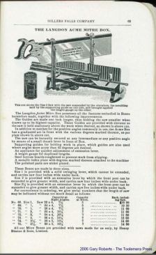The Langdon Acme Miter Box was available in three sizes and came with a specially made Disston handsaw. The least expensive model cost $10; the most expensive $14.50.