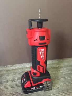 A cordless cutout tool was also announced; it, too, runs on the M18 platform. The tool weighs just over 3 lbs with a 1.5 Ahr battery. Milwaukee claims you can cutout 51 single gang electrical boxes on a 1.5 Ahr battery, and 122 with a 3.0 Ahr. It has a simple on-off switch, adjustable throat, and belt hook. It also features an LED light that comes on when the tool is switched on. It's expected to cost $199 for the bare tool. Expected: Fall 2016.