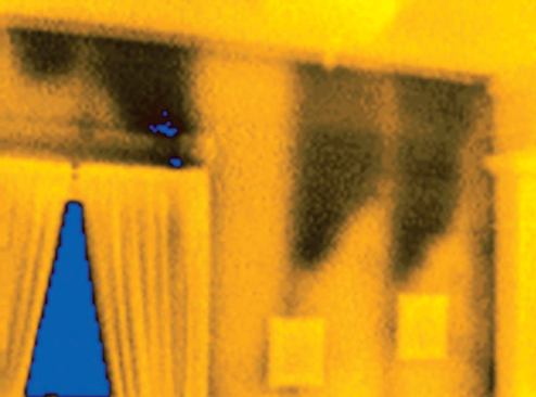 Under the right conditions, thermal images clearly show insulation problems. Shown here are partially filled wall cavities typical of poorly installed loose-fill cellulose.