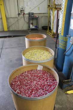 Barrels of push-in connectors after assembly. Instead of springs they contain spring-loaded metal contacts.