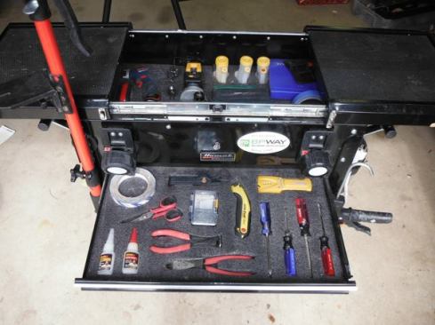 I outfitted the drawers with Kaizen foam (a type of shadow board material from FastCap) so each tool fits into a recessed spot all its own. This makes it easier to find tools and I immediately know when one is missing – which is not the case with a tool bag.