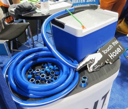 Pirit Heated Hose. Designed to be left outside and used in cold weather, this hose has three wires extruded into its walls. The wires function as heating elements. At one end they connect to an AC power plug and at the other to a thermostat that cycles on at 45 degrees and off at 50 degrees. The product has been tested to -42 degrees and has received multiple safety approvals—from UL, CSA, and others.