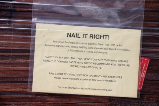 The correct stainless nail is very&nbsp;important. This note is stapled to the shingles.