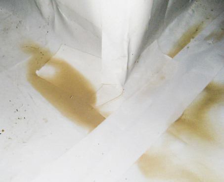 In spite of being taped, many of the joints in the CleanSpace liner were leaking liquid water, as evidenced by the dirt stains left behind.