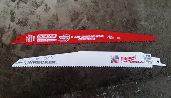 As for recip saw blades, we like the 
Freud Diablo Demo Demon. We’ve found that this blade lasts, plus the lumberyard we order from stocks it. 
Milwaukee Ax blades are good too. Normally, either one of these wood/nail cutting blades will last us an entire house. For metal cutting, we buy whatever blades are cheap because about the only metal we cut (besides nails) is threaded rod.