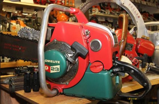 This early 1960s Homelite has barely been used. A dealer kept it in the back room of his shop and Wayne fussed over it whenever he visited—so much so that the dealer eventually gave it to him.