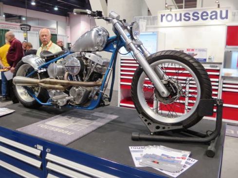 Rousseau Metal makes tool cabinets, shelving, storage racks, and the like. The bike a Rocketeer model from Brass Balls Cycles, an Oklahoma City company that custom makes motorcycles.