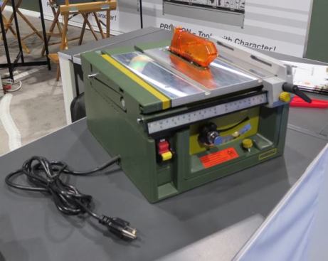 This is definitely an odd machine. If you check out the cord and plug you will realize how small the saw is – the table is only 12” x 12”. The PX-7070 takes up to 3 3/8-inch blade and can cut stock up to 7/8” thick. I have no idea what the rip capacity is, but with a saw this small – who cares? What grabbed me about it is that it exists at all. I can’t imagine using such a tiny machine, but then I’m not a model maker. I wouldn’t have given it a second look if it hadn’t been made by Proxxon (I bought one of their rotary tools a couple of years back). The company is based in Luxembourg and does most of its manufacturing there – though some of their tools are made in China. Proxxon tools can be purchased directly from the US distributor in Wisconsin or from vendors such as McFeely’s, Woodcraft Supply, and Amazon. This particular saw retails for about $400.