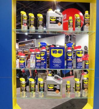 The 
WD40 Company had an indoor booth and displays of all of its products—these are only half of them. It was a big booth but not as big as what comes next…