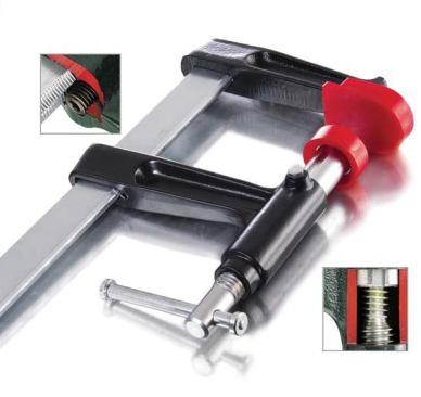 Rapid Action Bar Clamp. As the saying goes, you can never have too many friends or too many clamps; lucky for us, Bessey keeps inventing new ones. Their latest—the Rapid Action bar clamp--has its lead screw reverse-threaded inside a steel cylinder that moves only forward and back instead of spinning (right inset). This construction has two benefits: surplus glue cannot foul the threads, and the clamp’s contact pad cannot twist against the surface it is clamping. There is also a speed advantage to this double-threaded mechanism; for every inch moved by rotating the lead screw, the moveable clamping pad advances about 1 3/4 inches. Instead of the more common square-shouldered Acme threads, Bessey uses triangular threads that are said to produce less friction. A hardened set screw engages the serrations against the bar (left inset) so the clamp should provide years of slip-free operation. Available with 4- or 6-inch throat depth, and 12-, 24-, and 36-inch clamping capacity. Prices start at about $40