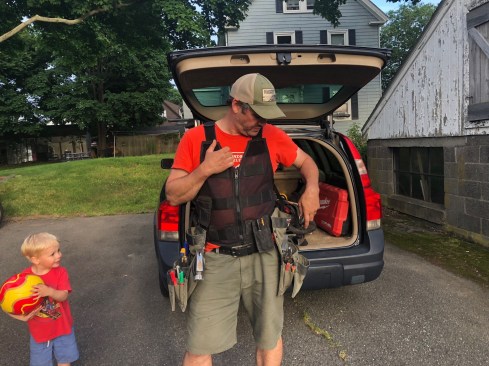 This is my framing-and-rough-carpentry setup with Diamondback Wrangell and Hideaway bags. Also, it took me a while to get used to my hammer not slapping me in the thigh, but I do like the hammer sleeve.