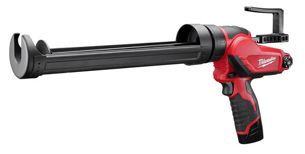 Here it is in the quart-size configuration (model 2444). The body of the tool (motor and grip) can be adapted to 10-ounce tubes and sausage tubes by changing out the drive rod and barrel. These parts come in adapter kits and go for about $30. Shown here with a 3-cell compact battery pack, the gun also works with 6-cell extended capacity packs.