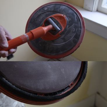 When attached to the pole (top photo), the Radius 360 Air pivots and rotates for full range of motion. The circular head accepts regular radius 360 sanding discs; no need for holes in the paper or using sanding screen. The brushes around the disk (bottom photo) contain the dust which is directed to the edges of the disc where it is sucked away.