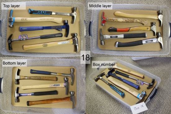Arthur’s collection is too large to keep on display; he stores it in a series of Rubbermaid containers with cardboard between layers. He is up to 20 containers with three layers of hammers inside. Arthur has no trouble finding any one tool because the boxes are labeled and he keeps a list of what’s stored in each.