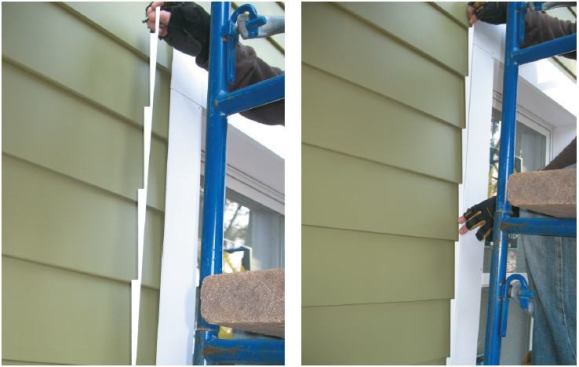 Sawtooth closure strips plug the gaps where the clapboards run behind the trim.