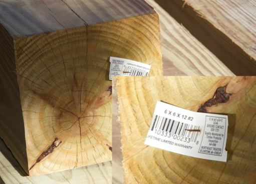 Another treated-wood 6x6 post end from the same Massachusetts job site, with a close-up of the required label (inset). The “&micro;CA-C” designation indicates that this wood is also treated with micronized copper and an “azole” pesticide, but using formula supplied by a different chemical company. The label also specifies that the 6x6 is approved for ground contact. As with the other post, every cut must be field-treated using copper naphthenate or the warranty will not be honored. It’s common to see treated lumber from different wood treating facilities, treated with different formulas, on the same job site or on racks at the same lumberyard. It’s up to the end user to make sure that the lumber is appropriate for the application.