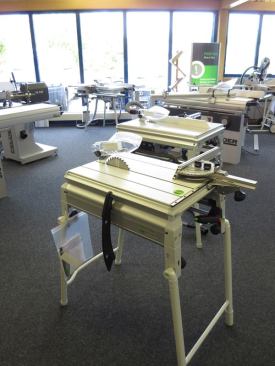 This portion of room number one contains a mix of stationary equipment (mostly Felder, an Austrian brand) and portable table saws such as this one from Festool. Yes, Festool makes table saws, but you are unlikely to ever see them here. Why? European portable table saws are different than ours: they lack cabinets, the guards are different, and in many cases the blade can be moved back and forth in the table for cross-cutting (here we prefer miter saws for cross-cutting). And what tool company in its right mind would enter the U.S. table saw market with the CPSC/SawStop issue unresolved?