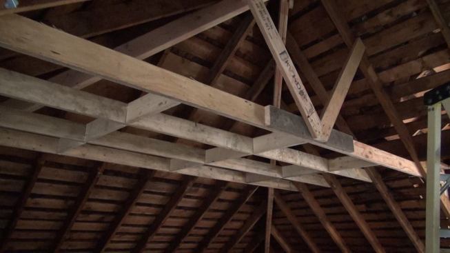 Another view of the site-built LVL truss, which spans the building and provides support at the point where the roof ridge meets the reinforced hip rafters.