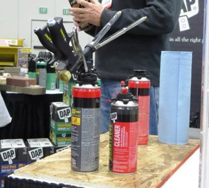 DAP was displaying all kinds of product, including their 
SmartBond construction adhesive. The adhesive comes in a 20-ounce can that contains the equivalent of 8 28-ounce caulk gun cartridges of adhesive. It’s a polyurethane foam and is dispensed through a reusable applicator gun that goes for about $50.