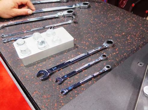 GearWrench had a bunch of new tools at the show, including these 120XP Universal Spline Ratcheting Wrenches. A unique system of double pawls allows the user to get 120 positions (3-degree swing arc) out of a wrench with a sturdy 60-tooth gear. The beams are longer than earlier models and the ends are thin for better access to fasteners. The universal spline drive on the closed end works on 12-point, 6-point, rounded 6-point, spline, E-Torx and square fasteners.
