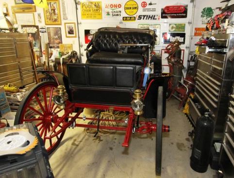 Bonus Photo: A 1909 Sears model K motor buggy. Yes—that Sears. This early automobile was discovered rotting away in a barn. Wayne acquired it and over a period of years restored it to like-new condition. It has a Kroitz two-cylinder air cooled engine. 
Click here to see the 1908 model in action at a museum in Maine.