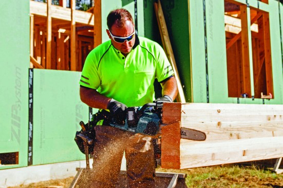 Rough cuts on large beams are easily  handled by a cordless chain saw, such as this 36V (dual 18V) Makita.