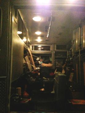 This was shot in the dark, using only the ceiling lights inside the module. The light coming down from above the door is from the two scene lights on the back of the vehicle. There are scene lights on all four sides of the truck so you can provide 360 degrees of illumination.