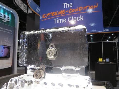 To show how tough their 
JobClock is, the folks at ExakTime put the product in water and then froze it into a block of ice. Little did they know that the winter of 2014 would do much the same on construction sites across the eastern half of the country.