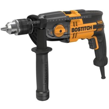 The Bostitch hammer drill (BTE140K) has a 7-amp motor and 1/2-inch keyed chuck (for better bit retention). The two-speed gear box allows it to go 0-1,100 and 0-3,100 RPM in straight or hammer mode. In hammer mode it delivers up to 52,700 beats per minute. The drill weighs 5.1 pounds and comes in a kit box with chuck key, depth rod, and 360-degree side handle. MSRP: $80.