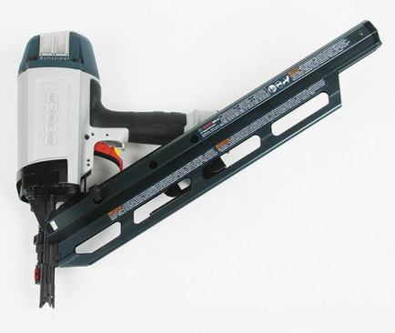 The SN350-34C is one of our favorites, a powerful gun with a slimmer-than-normal piston housing that makes for a good line of sight to the tip. It has a couple of unique and useful features: a metal strike plate on top for tapping studs into position and a quick-release magazine that can be removed to clear jammed fasteners. The ribbed rubber grip is comfortable to hold, and the aggressive tip grabs well when toenailing. Our one complaint is that this tool does not include a rafter hook; the manufacturer sells an optional one, but it’s hard to find and will set you back $25.
