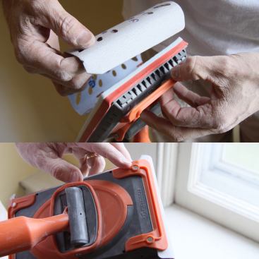 The Flex Air, shown here, is for corner and detail sanding. The “no flip” patented pole swivel is designed to keep the Flex Air in a working position for ease of use and uninterrupted sanding. It uses specially made sandpaper and pads (top photo), which are available in a variety of grits. Clips secure the sandpaper via rare earth magnets (bottom photo).