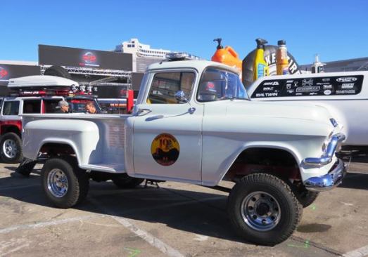 In June 2013 19 members of the Granite Mountain Hotshots died fighting a wild fire near Yarnell, Arizona. One of them was named Jesse Steed and he was in the process of restoring this 1957 GMC truck. With the help of numerous donors a Phoenix auto shop finished the project as a way to 
memorialize the hotshots. Rebuilt from the ground up, many of the mechanical parts were modernized and the interior was upholstered in Nomex, a flame-resistant fabric used to make firefighting gear. The names of the 19 hotshots are painted on the side of the bed.