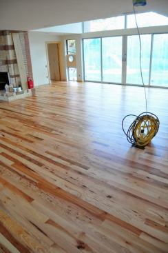 One coat of Bona Mega and this pecan floor is looking fantastic. I like the satin finish, not too shiny, not too matted/dull.