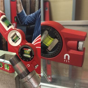 Milwaukee has a new block torpedo level on the way, as well. It too is equipped with rare earth magnets. What's cool and new here is the adjustable vial that is lockable via a knob on the back end (right).