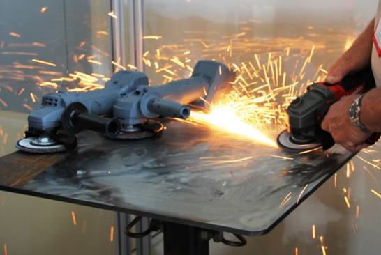 In this demonstration attendees were invited to bear down hard while grinding steel plate with different cordless grinder. The “Brand X” models appear to be from Makita (left) and Hilti (center). I tried all three tools and had little trouble stalling the two on the left. The grinder on the right is one of the new M18 FUEL tools. You could really lean into it and it wouldn’t stall the motor.