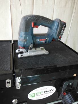 My cordless tools are from Makita and Bosch, but I keep Bosch on the cart because I really like their cordless jigsaw. It’s light, well-balanced, cuts straight, and has a built-in LED light. I also carry their cordless impact driver and drill/driver. My Makita cordless (good tools priced right) live in my job box.