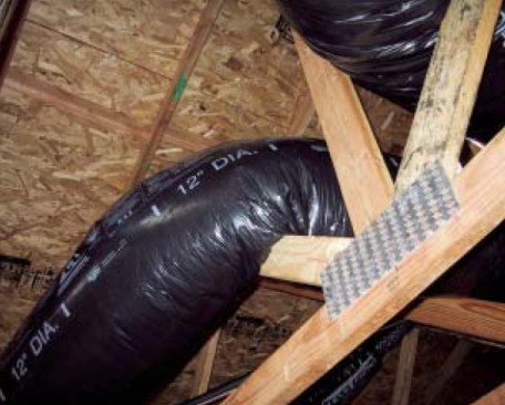 Fortunately, the HVAC installer  didn’t cut out the truss members to  make room for the ductwork. However,  this sharp bend could have been easily  avoided by rerouting the duct from  the start. Codes require that duct be  installed fully extended, not compressed.
