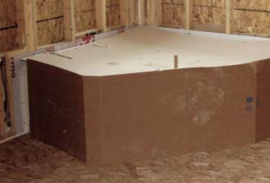 Before installing a tub unit, the wall cavity must be insulated and sheathed  to stop the free transfer of air and energy. Thermo-ply or a similar type of sheathing  is a good choice for this application because it doesn’t pack the wall out too far.