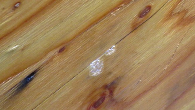 An early blower door test of the Wayland house revealed that the structure's plywood sheathing leaked air. With rain soaking the plywood and positive air pressure applied inside the hose, major air leakage created obvious bubbles on the plywood skin.