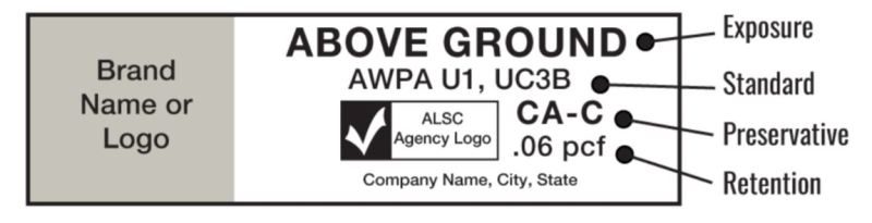 The ICC codes reference American Wood Protection Association (AWPA) standards for treated wood so one of the first things an inspector will look for on the end tag is "AWPA" and the applicable standard, usually "U1." The tag should also identify the preservative type and amount of preservative retained in the wood (retention), as well as the AWPA Use Category (in this case, the use category is UC3B - "Exterior Above Ground, Uncoated or Poor Water Runoff").
