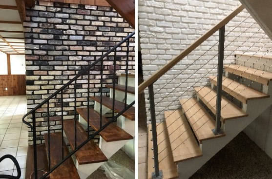 Deck builders can bring value to interior projects. The staircase in this mid-century home was transformed by cable railing | Courtesy of Quigley Decks