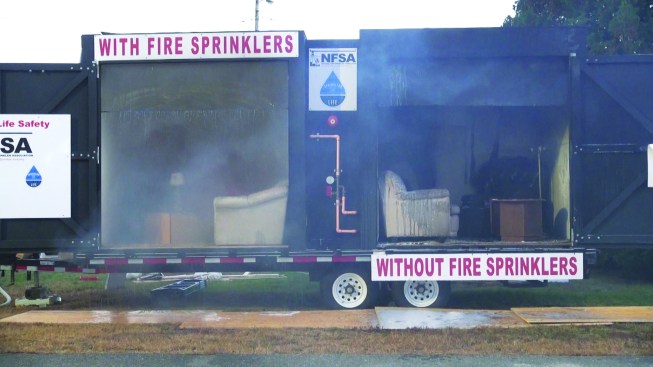 A sprinkler head in the left-hand room ceiling activated in about one and a half minutes after ignition, effectively suppressing the fire. Damage to contents in the unprotected room was far more severe than in the protected room. More importantly, in an actual fire, the sprinkler would have given building occupants precious moments to escape.