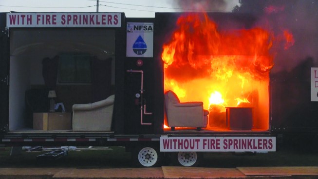Here, a fire-department side-by-side demonstration in Brunswick, Maine, shows the effectiveness of residential fire sprinklers in suppressing a fire in a pair of simulated rooms. A fire in the right-hand room (with no sprinklers) reached deadly flashover in a little over two minutes.