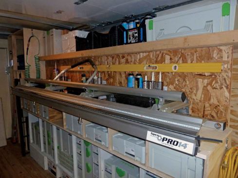 The shelf above cantilevers beyond the side of the rack to accommodate larger Systainers, and we added a fiddle rail around the shelf to keep everything in place during transportation.