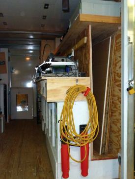 Other than the custom cabinets for the Systainers and the work stations, we tried to make use of every available surface for hooks and holders for items such as extension cords and pneumatic hoses.