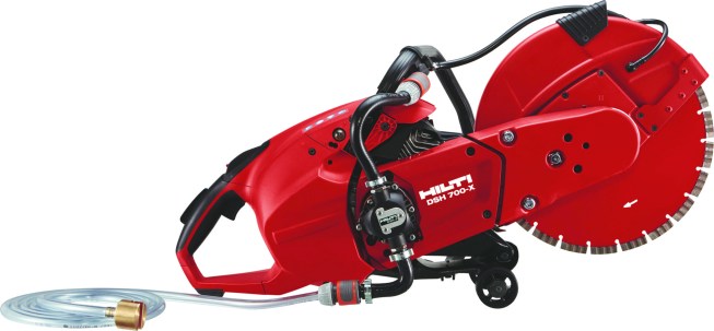 The most straightforward  path to compliance when you’re cutting concrete  or masonry is to use a wet cut-off saw. The  Hilti DSH-700 (above) has an add-on water pump  feature that complies where running water is
not available.