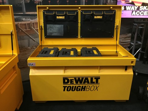 DeWalt was showing off their previously released jobsite tool storage boxes. Unlike their previous jobsite storage which were licensed, these were designed, developed, and built by DeWalt from the ground up. They include compatibility with its accessories, including ToughSystem toolboxes. The ToughBox will come in 36", 42", 48" and 60" sizes and will be available July 2016.